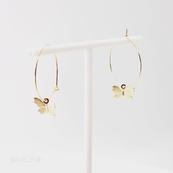 Lightweight Gold Toned Hoop Earrings with Drop Dangle Butterfly - Picture 3 of 3